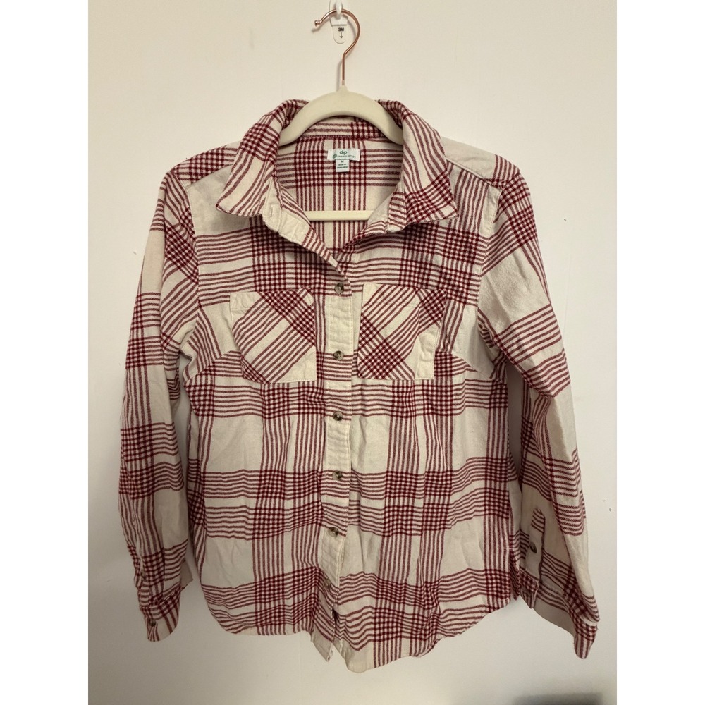 Dip Mixed Plaid Button Down Shirt Womens Medium Maroon Cream Organic‎ Cotton